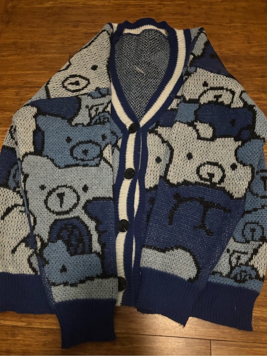 Sweaters - Cute Bear Knit Cardigan in Blue and Light Blue